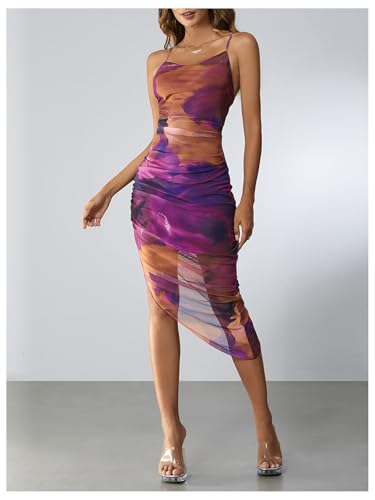 Women's Tie Dye Cowl Neck Split Hem Bodycon Cami Dress Backless Long Dresses