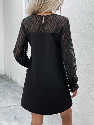 Women's Dress Contrast Mesh Flare Sleeve Tunic Dress - Casual Short Dress with Flare Sleeves and Contrast Mesh Details Dress