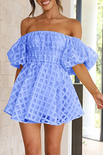 Women's Off The Shoulder Babydoll Dress Short Puff Sleeve Casual A Line Ruffle Summer Dresses