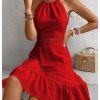 Women's Contrast Lace Sleeveless Halter Dress Backless Vacation A Line Dress