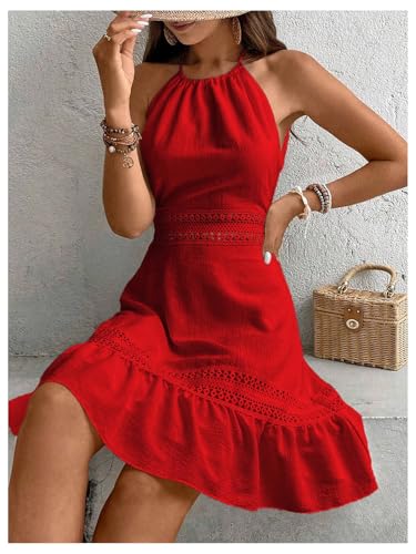 Women's Contrast Lace Sleeveless Halter Dress Backless Vacation A Line Dress