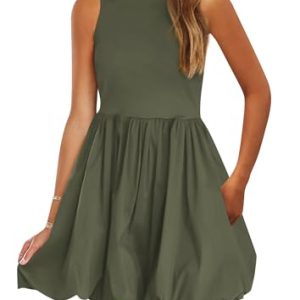Summer Dresses for Women 2025 Casual Sleeveless Tank Mini Short Dress Crew Neck Bubble Sundress with Pockets