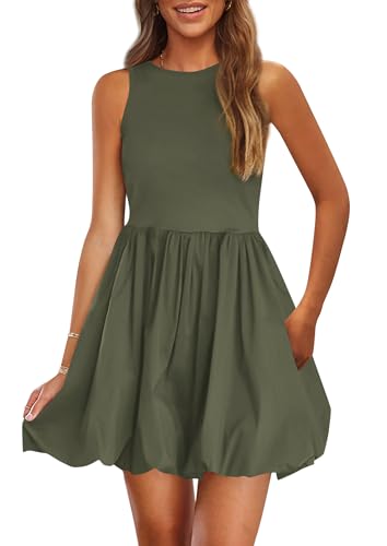 Summer Dresses for Women 2025 Casual Sleeveless Tank Mini Short Dress Crew Neck Bubble Sundress with Pockets