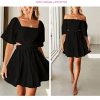Women's Summer Dresses Square Neck Casual Short Sleeves Crossover Elastic Waist Party Mini Dress