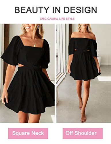 Women's Summer Dresses Square Neck Casual Short Sleeves Crossover Elastic Waist Party Mini Dress