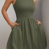 Summer Dresses for Women 2025 Casual Sleeveless Tank Mini Short Dress Crew Neck Bubble Sundress with Pockets