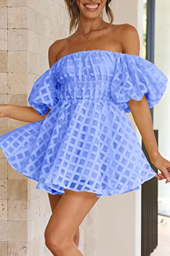 Women's Off The Shoulder Babydoll Dress Short Puff Sleeve Casual A Line Ruffle Summer Dresses