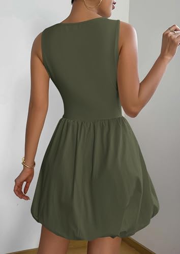 Summer Dresses for Women 2025 Casual Sleeveless Tank Mini Short Dress Crew Neck Bubble Sundress with Pockets