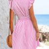 Women's Mini Dress V Neck Flutter Sleeve Striped Smocked Waist A Line Short Summer Cocktail Dress