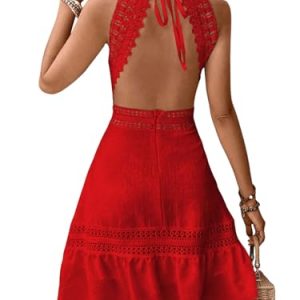 Women's Contrast Lace Sleeveless Halter Dress Backless Vacation A Line Dress