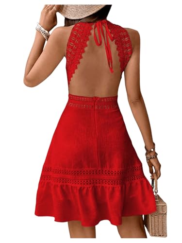 Women's Contrast Lace Sleeveless Halter Dress Backless Vacation A Line Dress