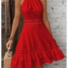 Women's Contrast Lace Sleeveless Halter Dress Backless Vacation A Line Dress