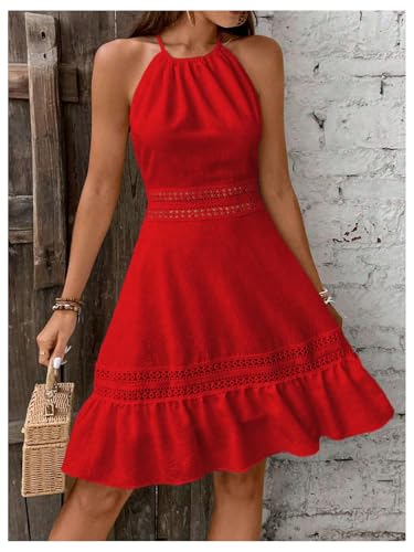 Women's Contrast Lace Sleeveless Halter Dress Backless Vacation A Line Dress
