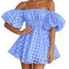 Women's Off The Shoulder Babydoll Dress Short Puff Sleeve Casual A Line Ruffle Summer Dresses