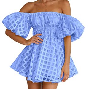 Women's Off The Shoulder Babydoll Dress Short Puff Sleeve Casual A Line Ruffle Summer Dresses