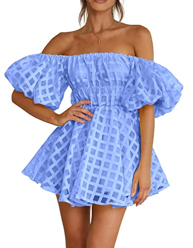Women's Off The Shoulder Babydoll Dress Short Puff Sleeve Casual A Line Ruffle Summer Dresses
