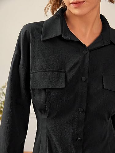 Women's Dress Drop Shoulder Flap Detail Shirt Dress - Casual Long Sleeve Button Front Short Dress Dress IPADSA(X-Small)