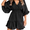 Womens V Neck Casual Dresses Summer Loose High Waist Ruffle Pleated Cute Mini Short Dress