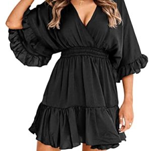 Womens V Neck Casual Dresses Summer Loose High Waist Ruffle Pleated Cute Mini Short Dress