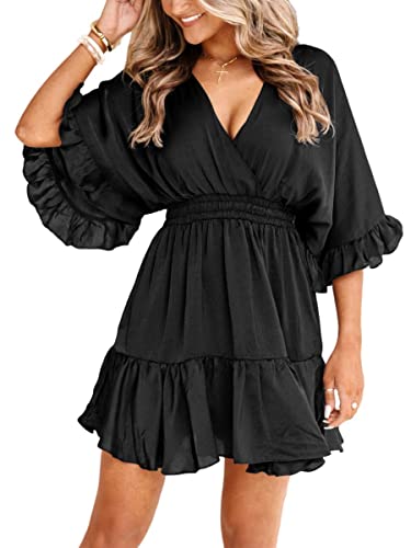 Womens V Neck Casual Dresses Summer Loose High Waist Ruffle Pleated Cute Mini Short Dress