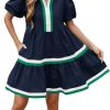 Womens Puff Sleeve Babydoll Dress V Neck Navy Blue Striped Color Block Tiered Mini Dresses