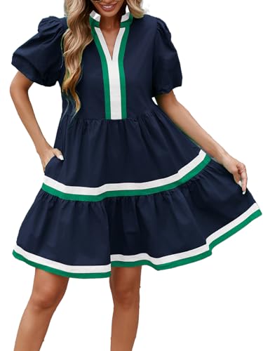 Womens Puff Sleeve Babydoll Dress V Neck Navy Blue Striped Color Block Tiered Mini Dresses