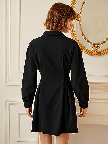Women's Dress Drop Shoulder Flap Detail Shirt Dress - Casual Long Sleeve Button Front Short Dress Dress IPADSA(X-Small)