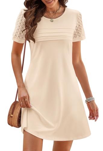 Women's Summer Short Lace Sleeve T Shirt Dress Casual Crew Neck Pleated Front Shift Dresses