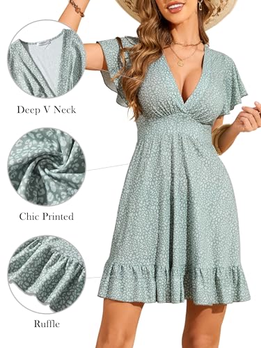 Womens Summer Dresses 2025 Floral Cap Sleeve Wrap V Neck Ruffle A-Line Sun Dress