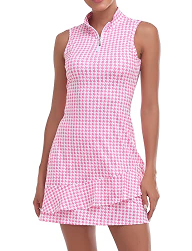 Tennis Dress for Women Sleeveless Golf Dresses with Shorts and Pockets Ruffle Zip Up Stand Collar Golf Outfits