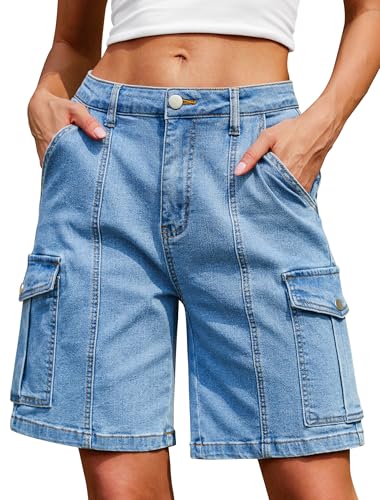 Bermuda Cargo Denim Shorts for Women Knee Length 6 Pockets Elastic Waist Long Jorts for Summer Casual