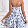 Women's Floral Print Ruched Sleeveless Ruffle Hem A Line Swing Cami Dress
