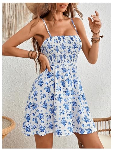 Women's Boho Floral Print Sleeveless Sundress Ruched Bust Flare Hem Vacation Cami Short Dress