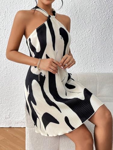 Women's Summer Dress Printed Halter Neck Mini Casual Pleated Sundress Party Date Outfit