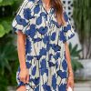 Women's Summer Button Down Shirt Dress Floral Puff Short Sleeve Casual Loose Fit Beach Mini Dresses