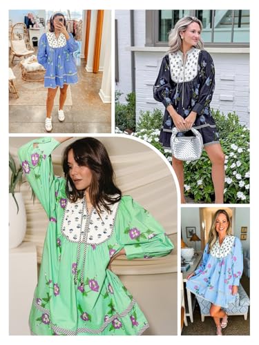 Womens Casual Floral Mini Dress 2025 Fall Long Sleeve V Neck Patchwork Loose Boho Shirt Dresses