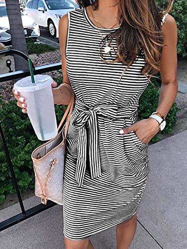 Womens 2025 Summer Sleeveless Striped T Shirt Dress Casual Crew Neck Tie Waist Mini Dresses