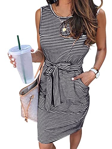 Womens 2025 Summer Sleeveless Striped T Shirt Dress Casual Crew Neck Tie Waist Mini Dresses