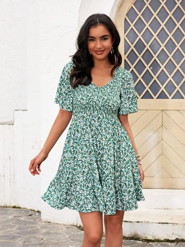 Womens Cute Floral Smocked V Neck Flutter Sleeve Sundress with Pockets Casual Spring Summer Dresses for Women 2025