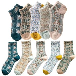 Cottagecore Socks, Floral Socks 5 Pairs Tube Cottagecore Socks and 5 Pairs Short Vintage Socks, Soft and Breathable Embroidered