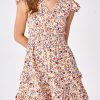Womens Summer Dresses Boho V Neck Floral Print Ruffle Sleeve Layered Mini Dress Cute Smocked Waist Short Dress