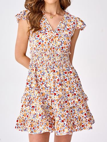 Womens Summer Dresses Boho V Neck Floral Print Ruffle Sleeve Layered Mini Dress Cute Smocked Waist Short Dress