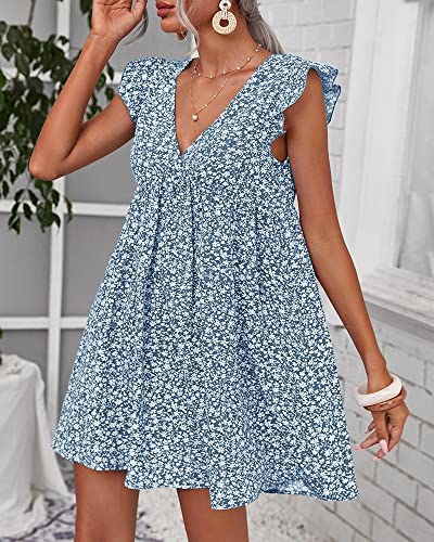 Women Boho Floral Summer Dresses Casual Backless V Neck Mini Dress Ruffle Beach Sundress