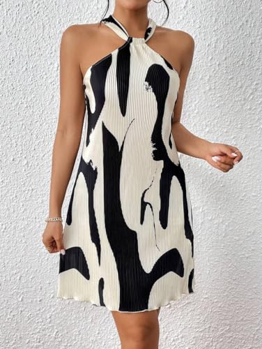 Women's Summer Dress Printed Halter Neck Mini Casual Pleated Sundress Party Date Outfit
