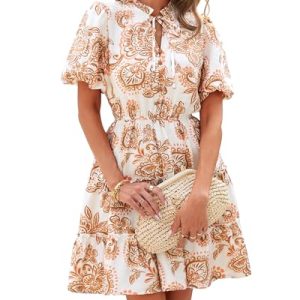 Women Summer Floral Short Dresses V Neck Short Sleeve Tiered Ruffle Boho Swing Dress A-Line Mini Dresses