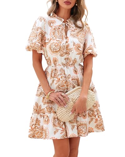 Women Summer Floral Short Dresses V Neck Short Sleeve Tiered Ruffle Boho Swing Dress A-Line Mini Dresses