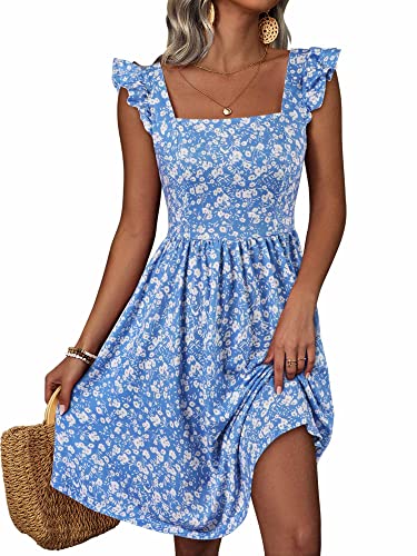 Summer Casual Cute Floral Flowy Square Neck Sundressses with Pocket Beach Dress for Women