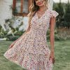 Womens Summer Dresses Boho V Neck Floral Print Ruffle Sleeve Layered Mini Dress Cute Smocked Waist Short Dress