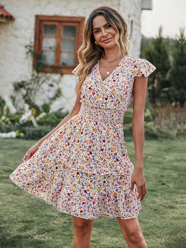 Womens Summer Dresses Boho V Neck Floral Print Ruffle Sleeve Layered Mini Dress Cute Smocked Waist Short Dress