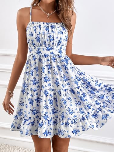 Women's Floral Print Ruched Sleeveless Ruffle Hem A Line Swing Cami Dress